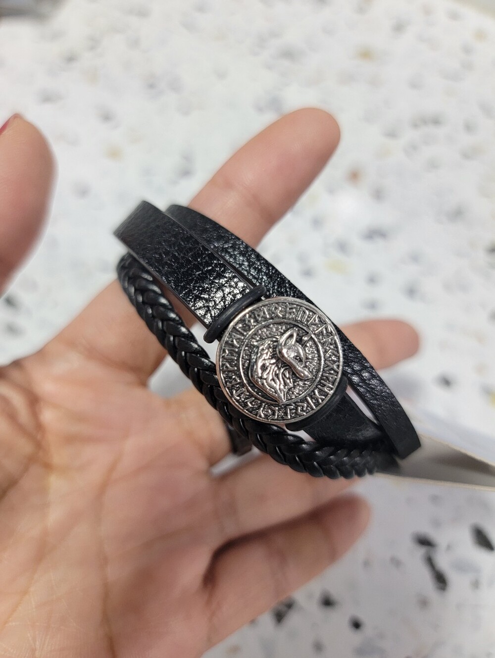 Men's Black Leather Wolf Emblem Wrap Bracelet